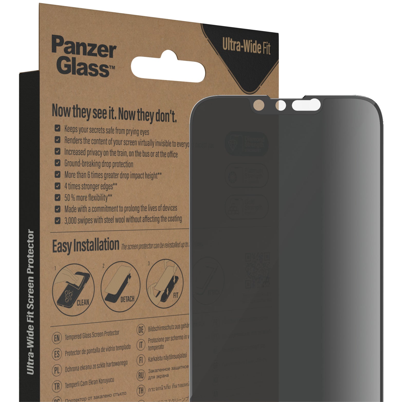 Gehärtetes Glas für iPhone 16e / 14 / 13 Pro / 13 für das gesamte Display, PanzerGlass Ultra-Wide Fit Privacy, Getönte mit schwarzer Rahmen