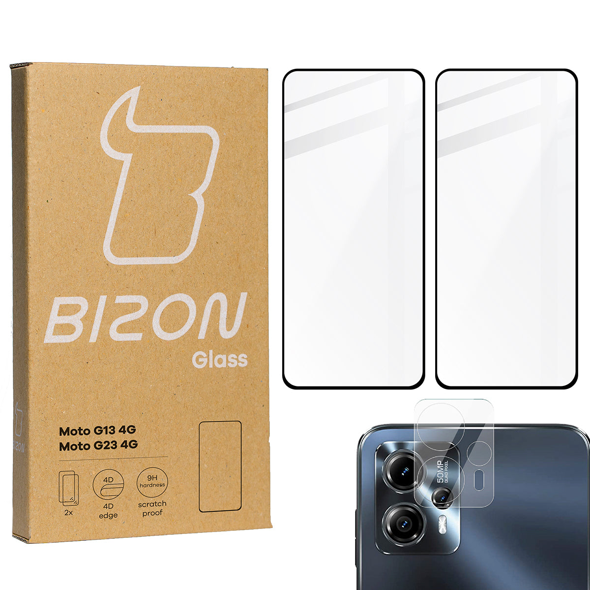 Gehärtetes Glas Bizon Glass Edge 2 - 2 Stück + Kameraschutz für Moto G13/G23 4G, Schwarz