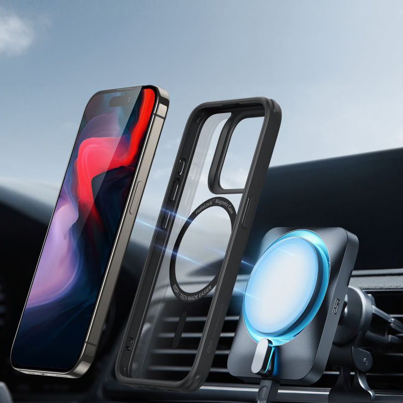 Schutzhülle ESR CH Halolock MagSafe für Apple iPhone 15 Pro Max, Transparent und Schwarz