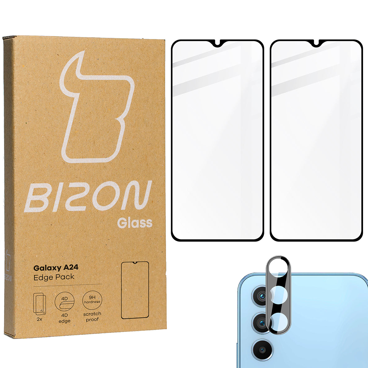 Gehärtetes Glas Bizon Glass Edge Pack - 2 Stück + Kameraschutz für Galaxy A24, Schwarz