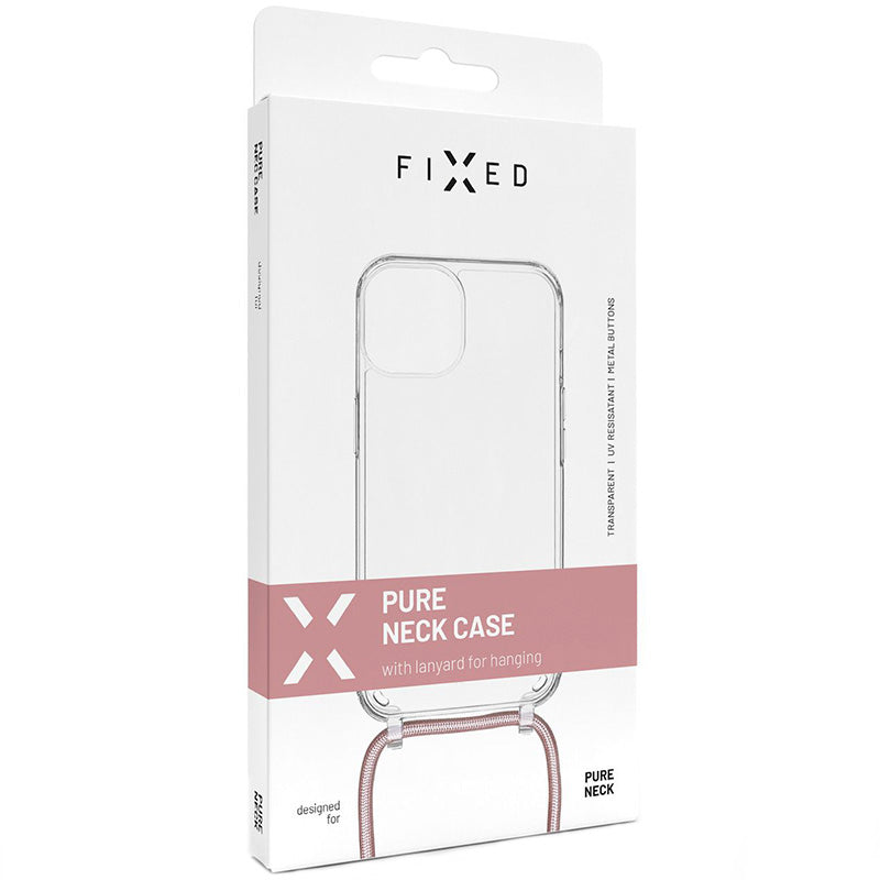 Schutzhülle Fixed Pure Neck für iPhone 12 / 12 Pro, Transparent mit Rosa Schlüsselband