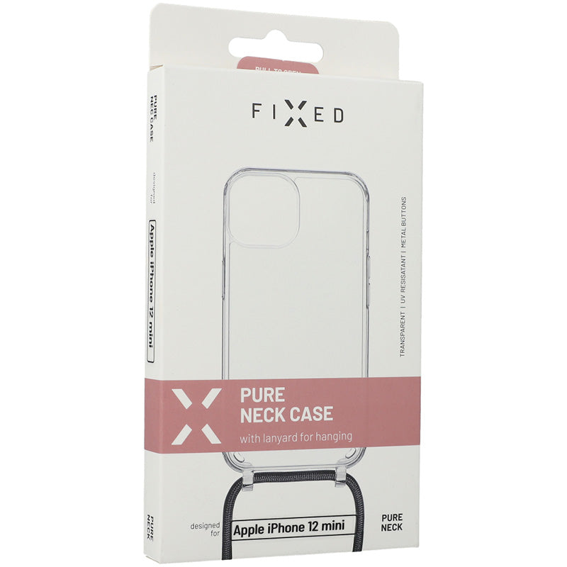 Schutzhülle Fixed Pure Neck für iPhone 12 Mini, Transparent mit schwarzem Schlüsselband