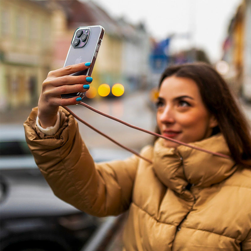 Schutzhülle Fixed Pure Neck für iPhone 13 Pro, Transparent mit Rosa Schlüsselband