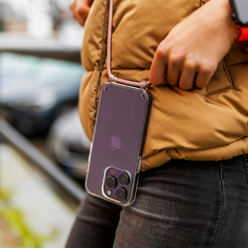 Schutzhülle Fixed Pure Neck für iPhone 13 Pro, Transparent mit Rosa Schlüsselband