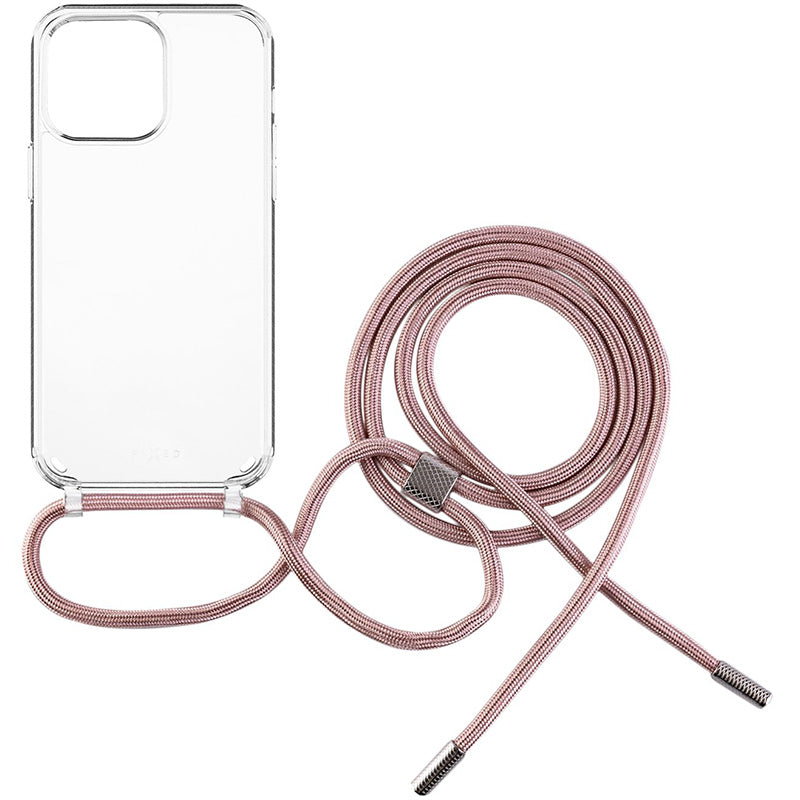 Schutzhülle Fixed Pure Neck für iPhone 13 Pro, Transparent mit Rosa Schlüsselband