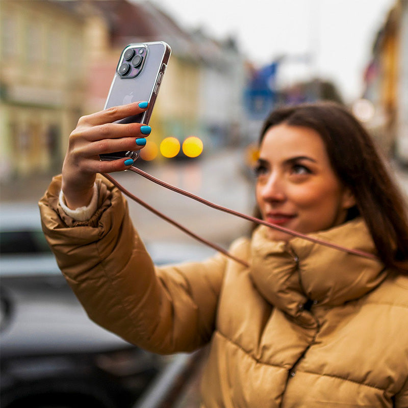 Schutzhülle Fixed Pure Neck für iPhone 14, Transparent mit Rosa Schlüsselband