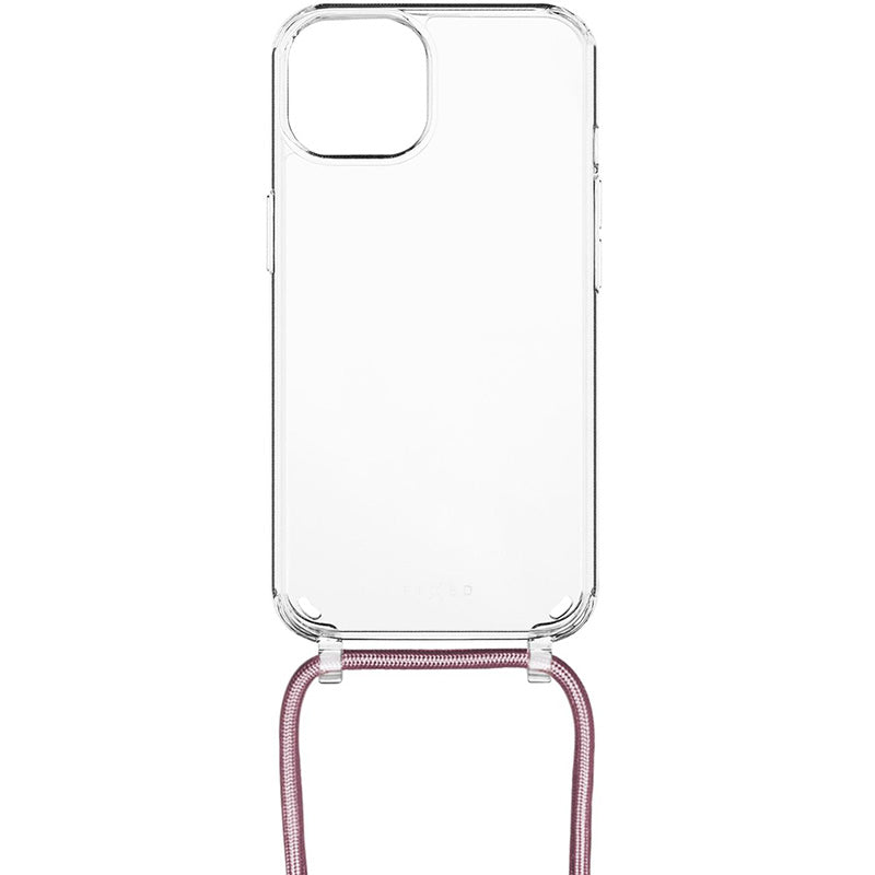 Schutzhülle Fixed Pure Neck für iPhone 14, Transparent mit Rosa Schlüsselband