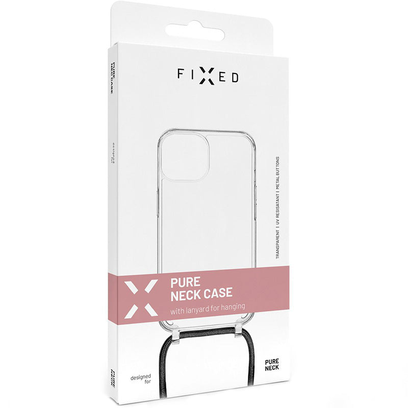 Schutzhülle Fixed Pure Neck für iPhone 14 Pro, Transparent mit Schwarz Schlüsselband