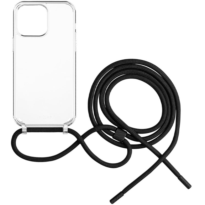 Schutzhülle Fixed Pure Neck für iPhone 14 Pro, Transparent mit Schwarz Schlüsselband