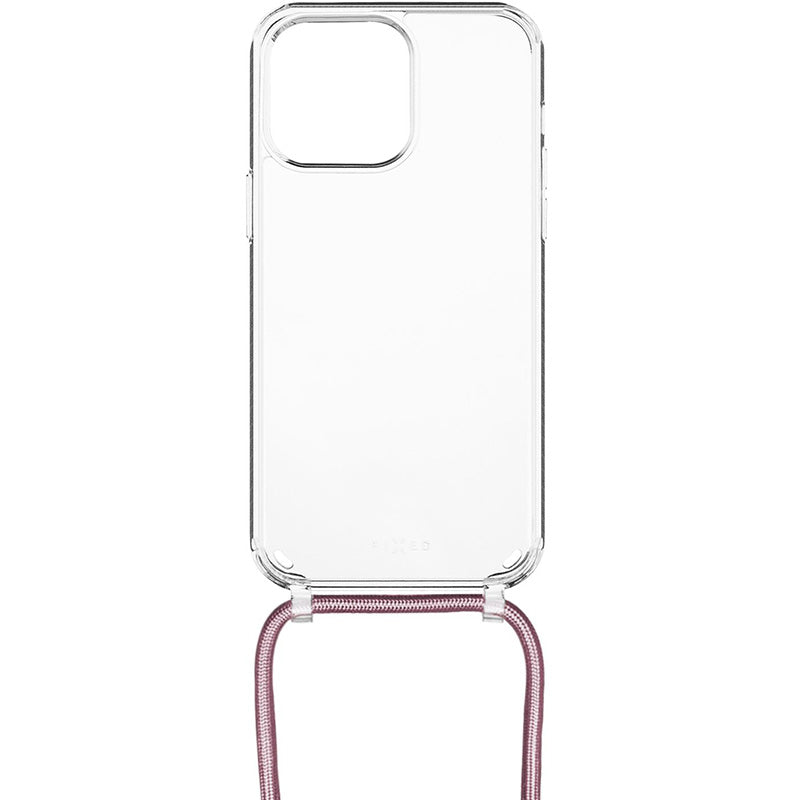 Schutzhülle Fixed Pure Neck für iPhone 14 Pro, Transparent mit Rosa Schlüsselband