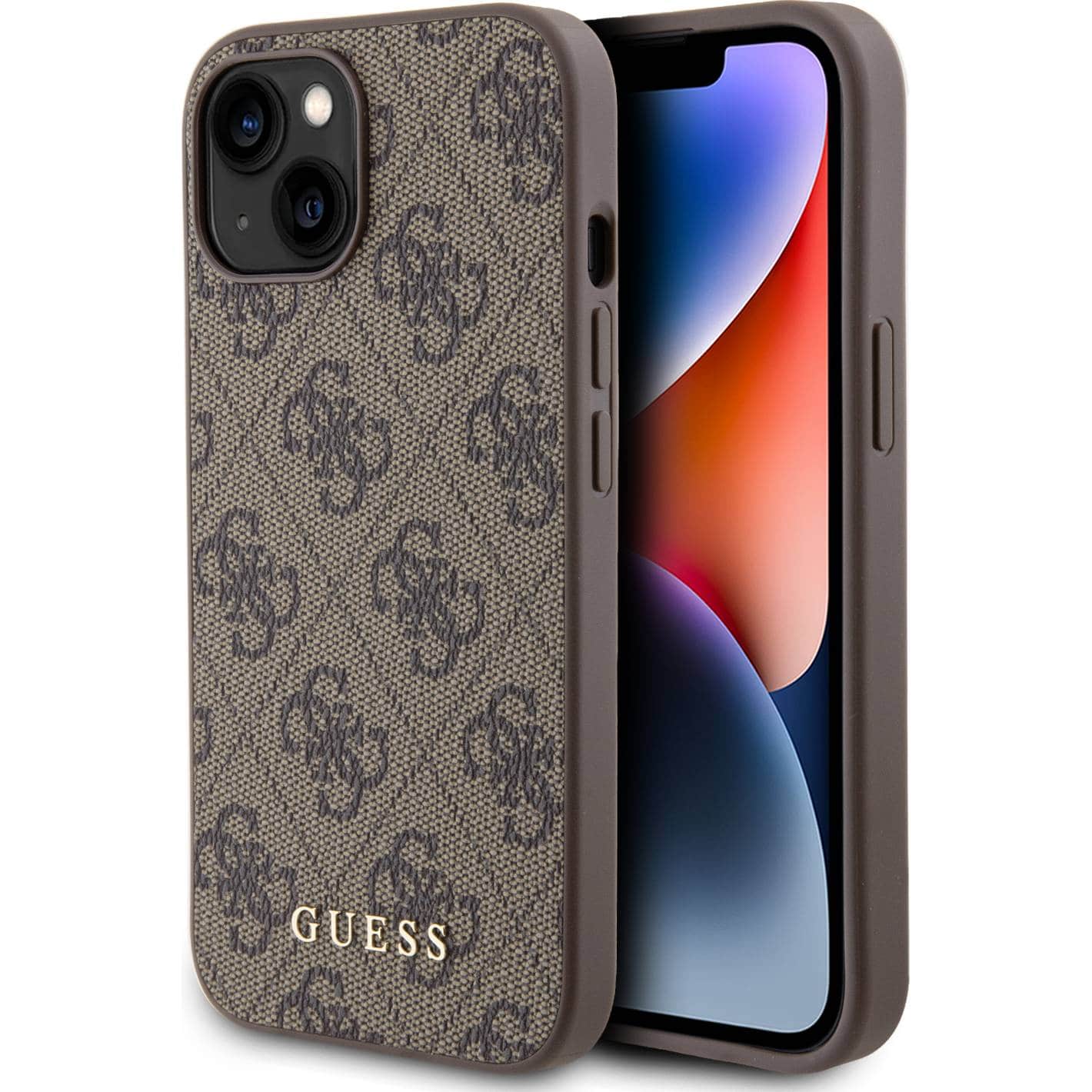 Schutzhülle Guess 4G Metal Gold Logo für Apple iPhone 15, Braun