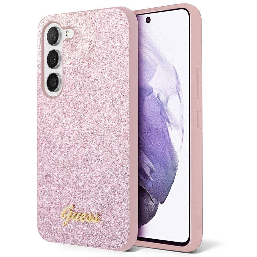 Schutzhülle Guess HardCase Glitter Script für Galaxy S24, Rosa