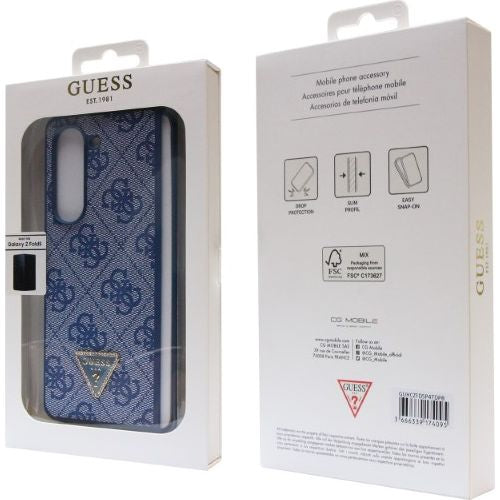 Schutzhülle Guess HardCase Leather 4G Triangle Strass für Samsung Galaxy Z Fold5, Blau