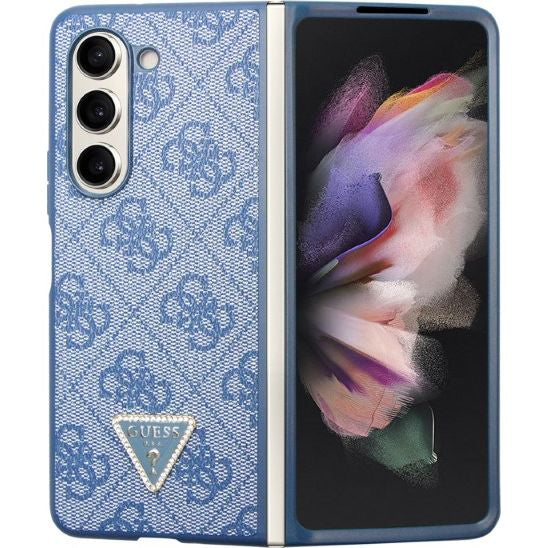 Schutzhülle Guess HardCase Leather 4G Triangle Strass für Samsung Galaxy Z Fold5, Blau