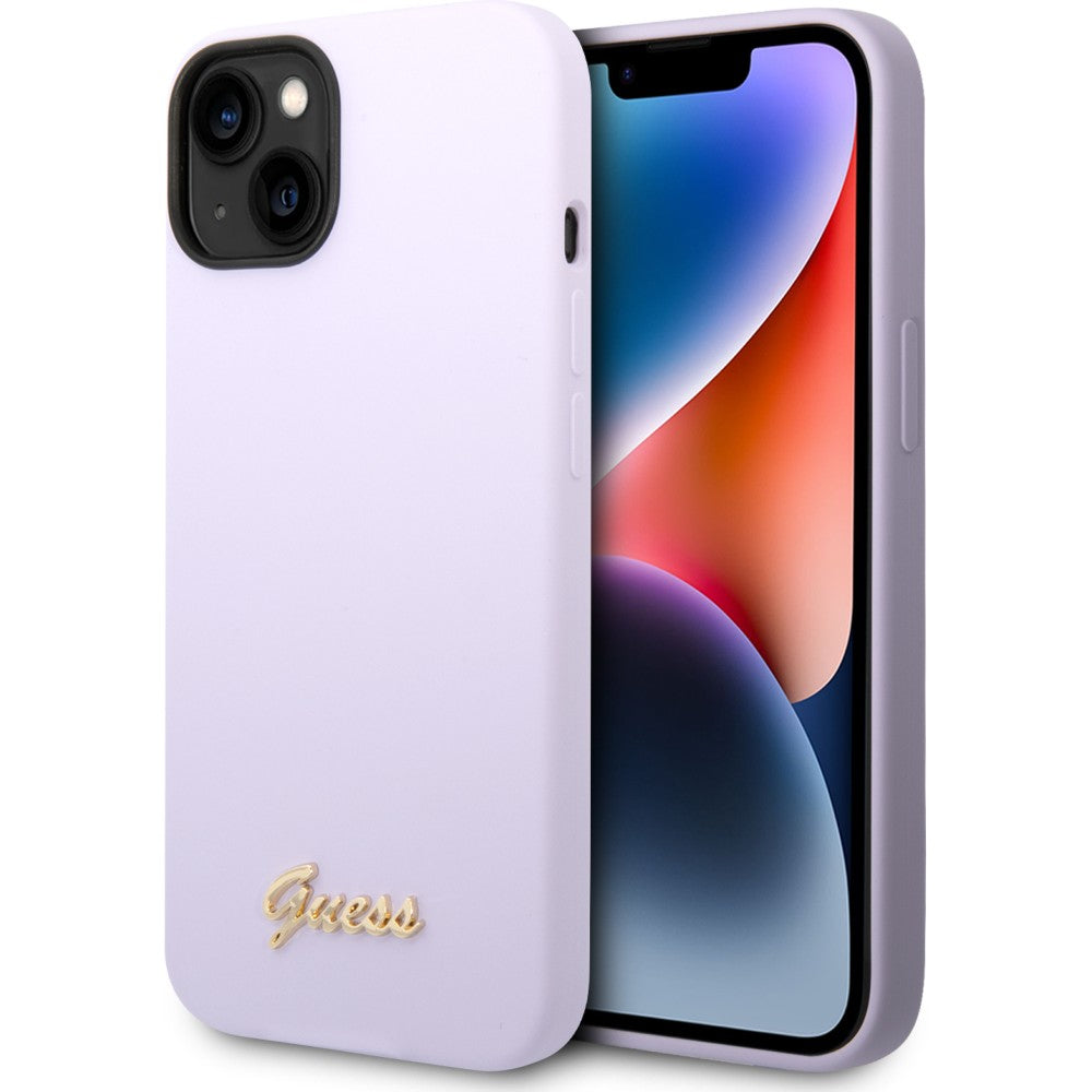 Schutzhülle Guess Hardcase Silicone Vintage Gold Logo für iPhone 14, Violett