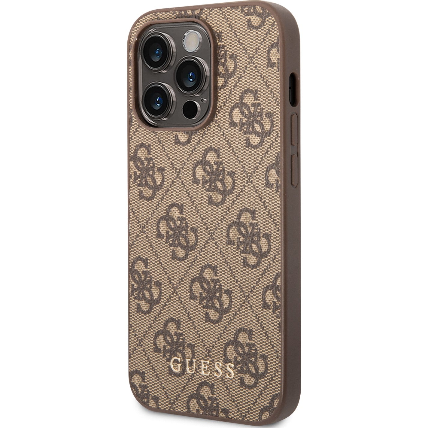 Schutzhülle Guess 4G Metal Gold Logo für iPhone 14 Pro, Braun