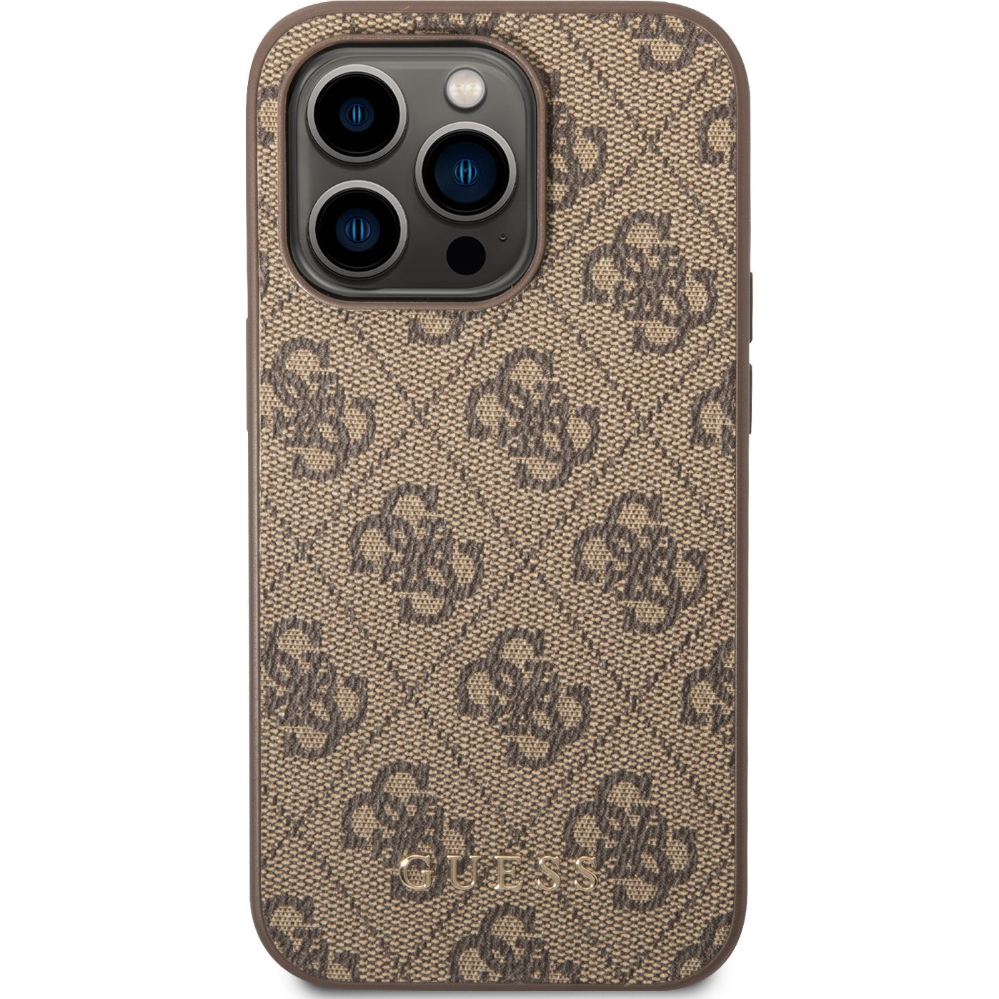 Schutzhülle Guess 4G Metal Gold Logo für iPhone 14 Pro, Braun