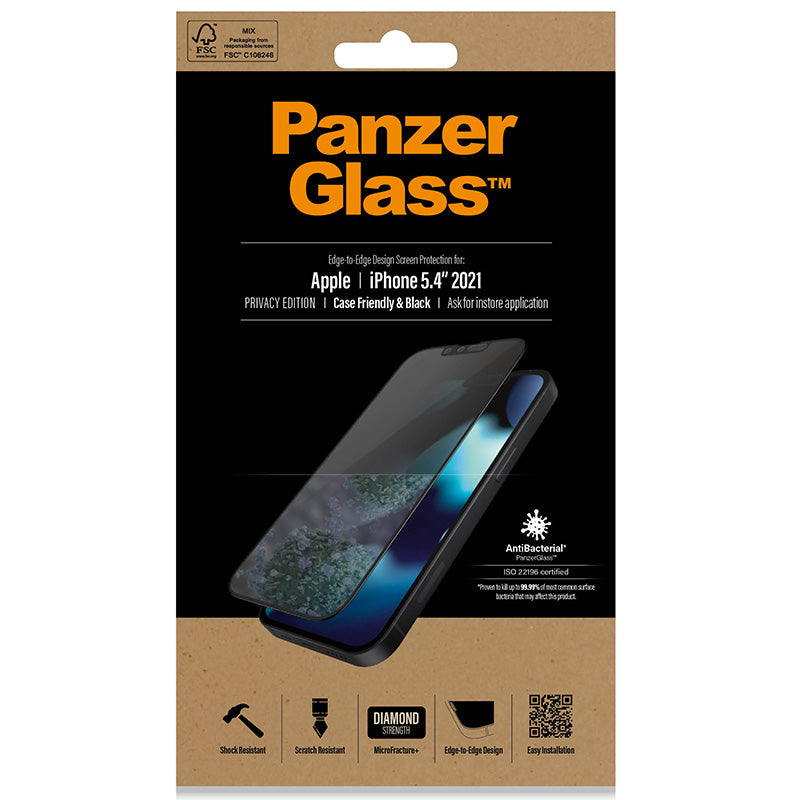 Antibakterielles Glas Panzerglass Case Friendly E2E Privacy Pro Filter für iPhone 13 Mini, abgedunkelt
