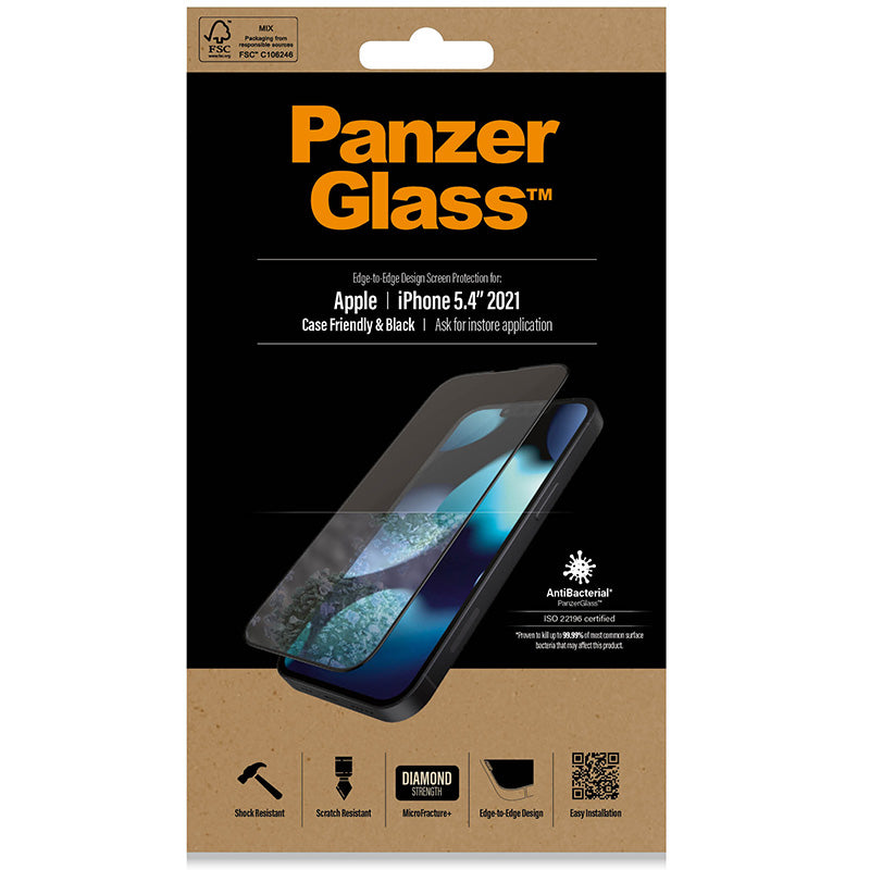 Antibakterielles Glas Panzerglass E2E Pro für iPhone 13 Mini, schwarzer Rahmen