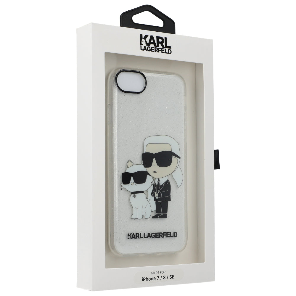 Schutzhülle Karl Lagerfeld Glitter Karl & Choupette für iPhone SE 2022, 8, 7, Transparent