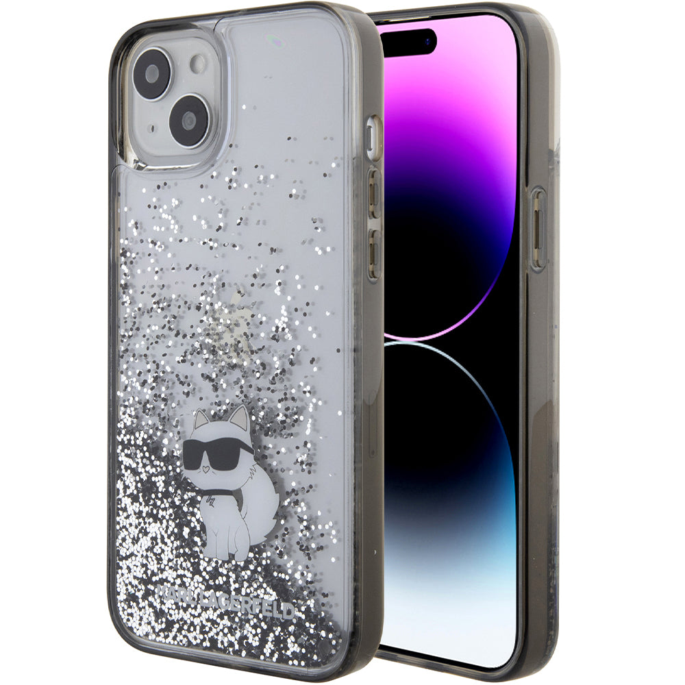 Schutzhülle Karl Lagerfeld Hardcase Liquid Glitter Choupette für iPhone 15 Plus, Transparent