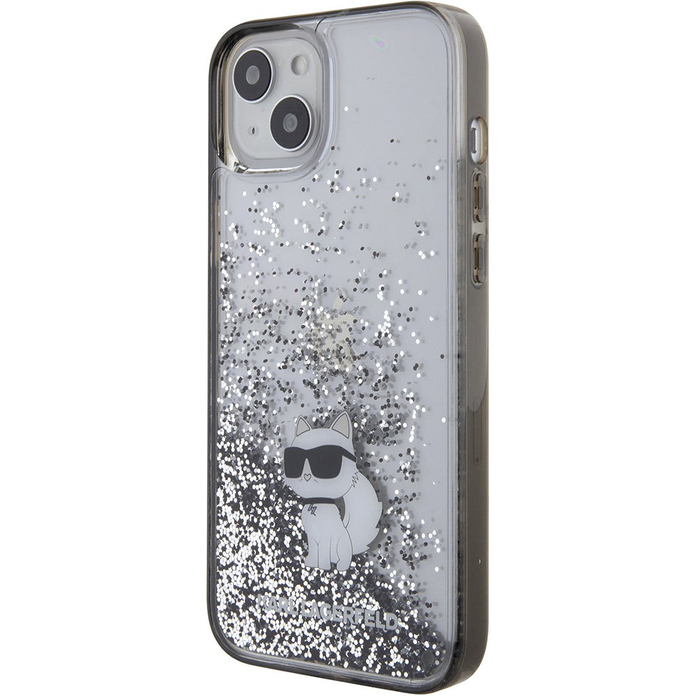Schutzhülle Karl Lagerfeld Hardcase Liquid Glitter Choupette für iPhone 15 Plus, Transparent