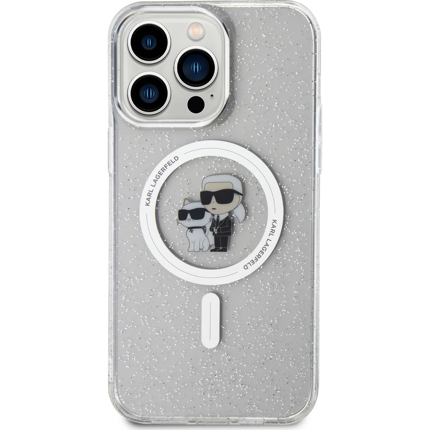 Schutzhülle Karl Lagerfeld HardCase Karl&Choupette Glitter MagSafe do Apple iPhone 15 Pro Max, Transparent