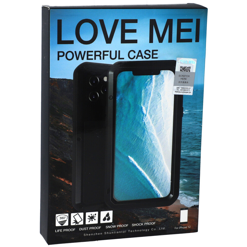 Gepanzerte Schutzhülle mit Glas für iPhone 12, Love Mei Powerful, Schwarz