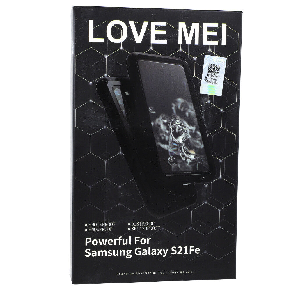 Gepanzerte Schutzhülle mit Glas für Galaxy S21 FE 5G, Love Mei Powerful, Schwarz