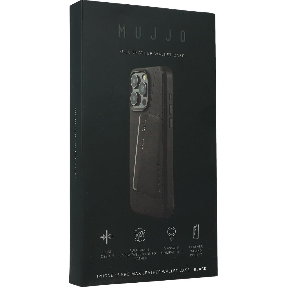 Schutzhülle Mujjo Full Leather Wallet Case MagSafe für Apple iPhone 15 Pro Max, Schwarz