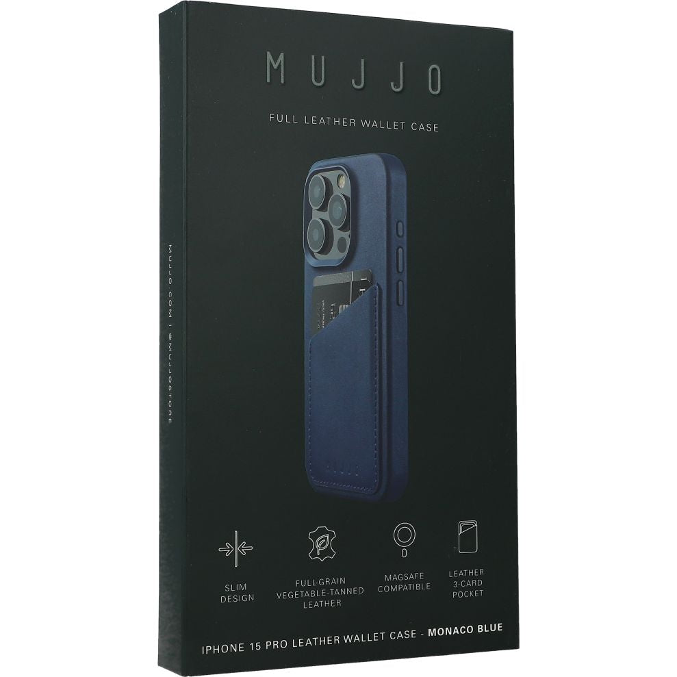 Schutzhülle Mujjo Full Leather Wallet Case MagSafe für Apple iPhone 15 Pro, Dunkelblau