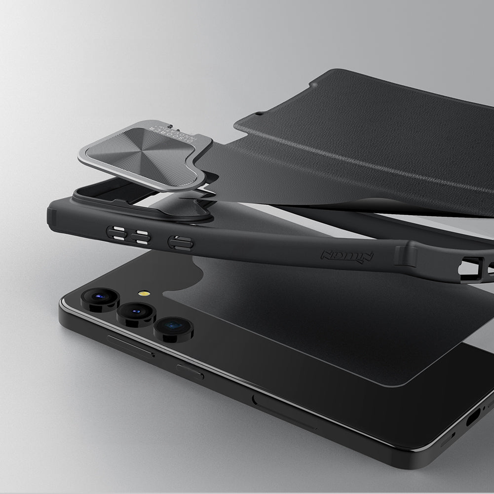 Schutzhülle für Galaxy S24 mit Klappe und Kameraschutz Nillkin Qin Prop, Schwarz