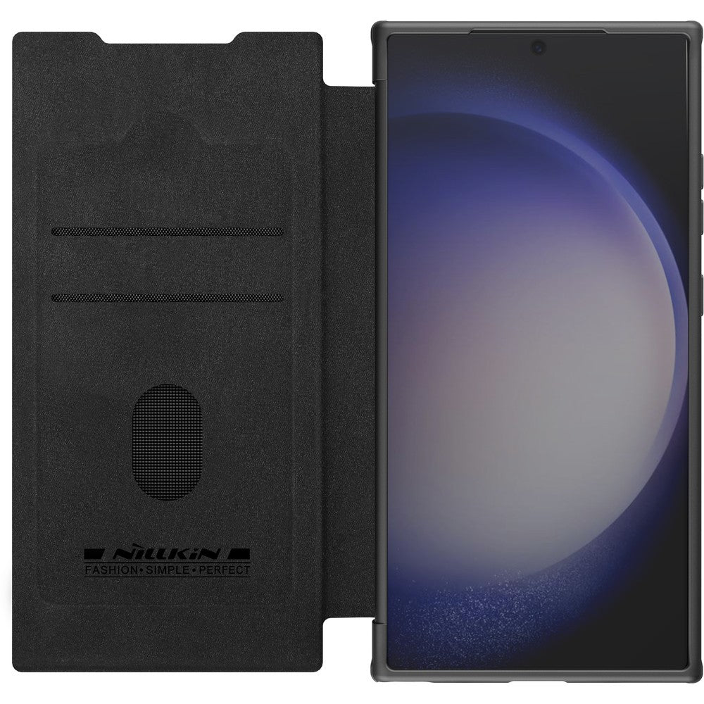 Schutzhülle für Galaxy S24 Ultra mit Klappe und Kameraschutz Nillkin Qin Prop, elegantes Schwarz