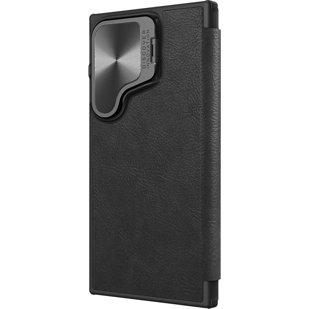 Schutzhülle für Galaxy S24 Ultra mit Klappe und Kameraschutz Nillkin Qin Prop, elegantes Schwarz