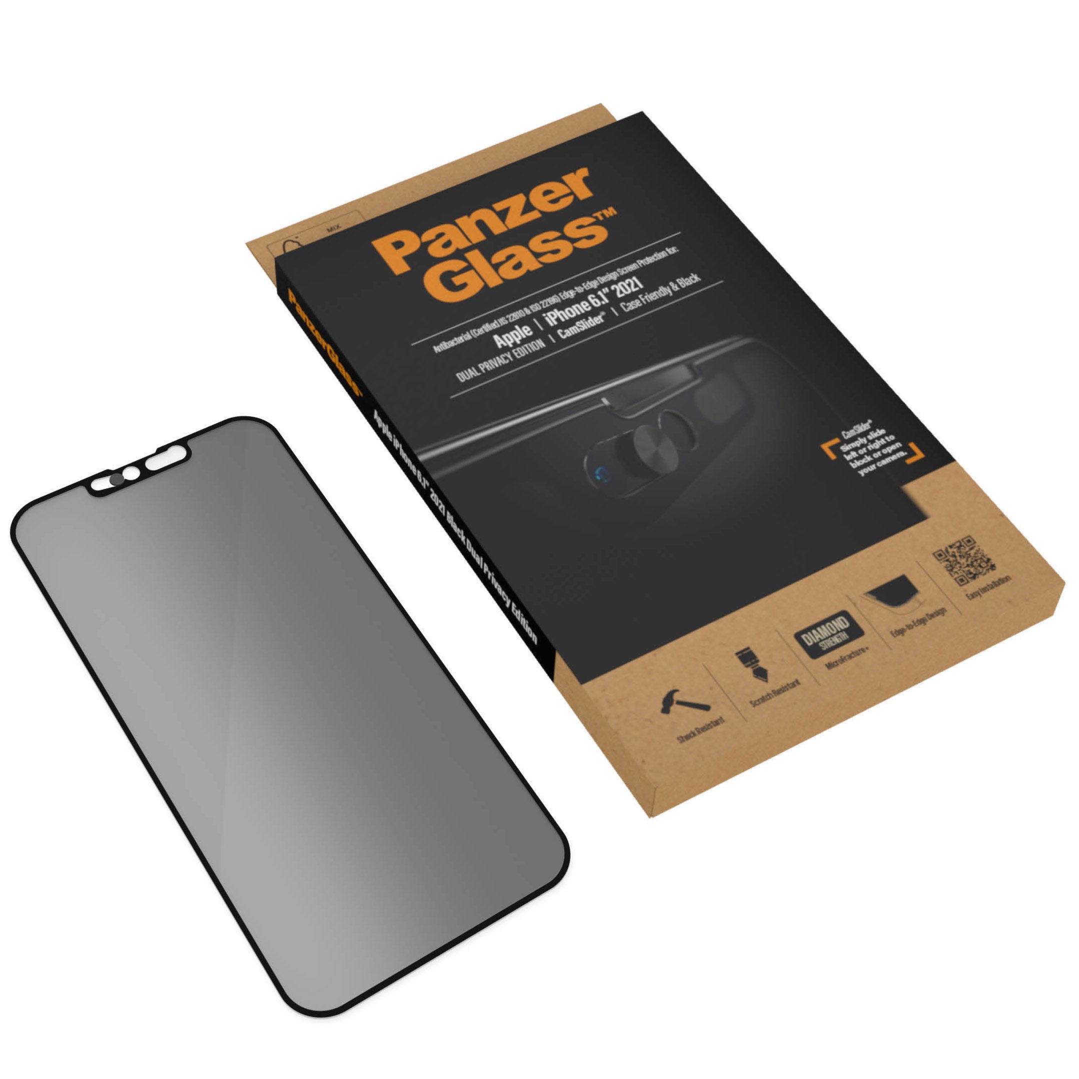 Antibakterielles Glas Panzerglass Case Friendly E2E Dual Privacy CamSlider für iPhone 13 / 13 Pro, abgedunkelt