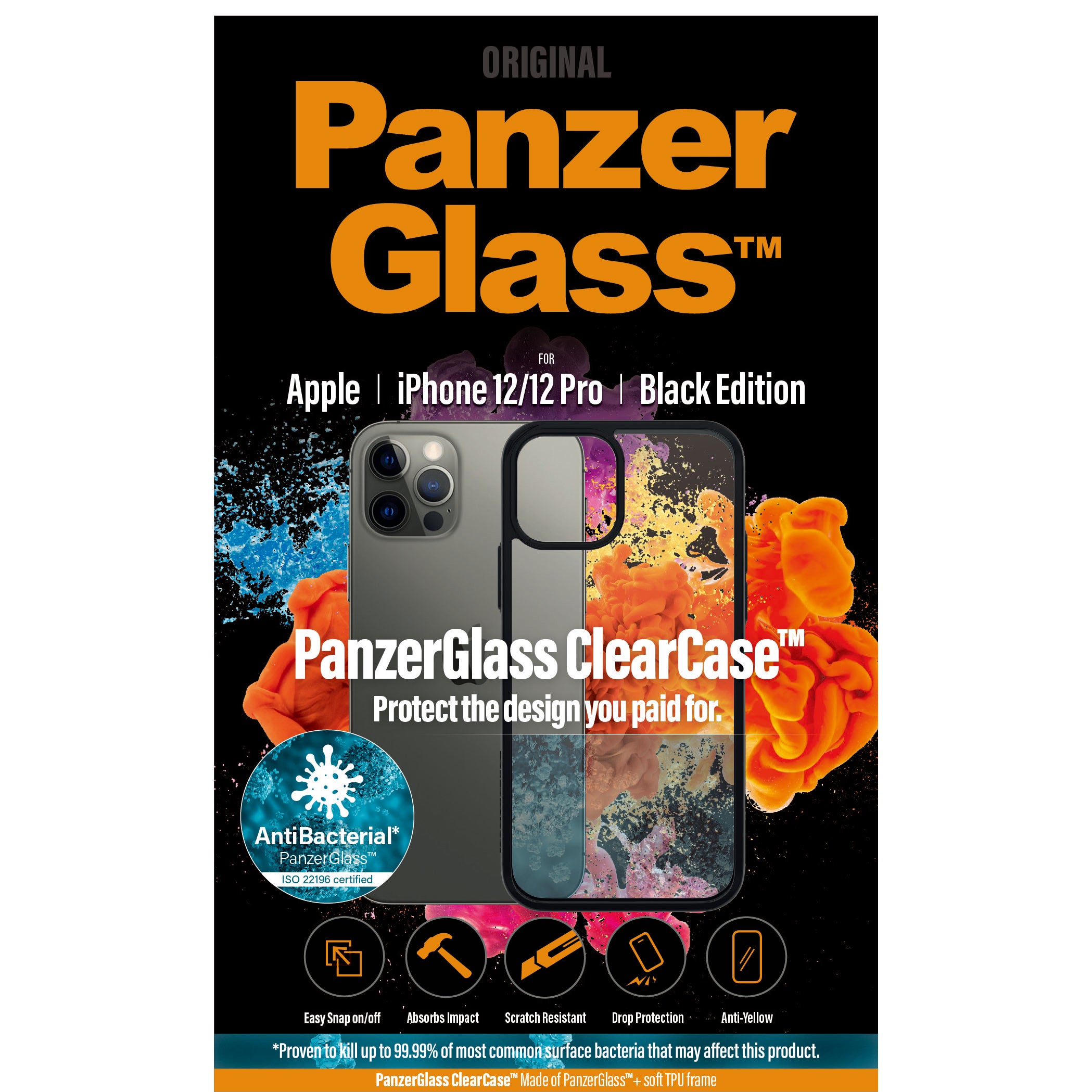 Antibakterielle Schutzhülle PanzerGlass ClearCase für Apple iPhone 12/ 12 Pro, schwarz