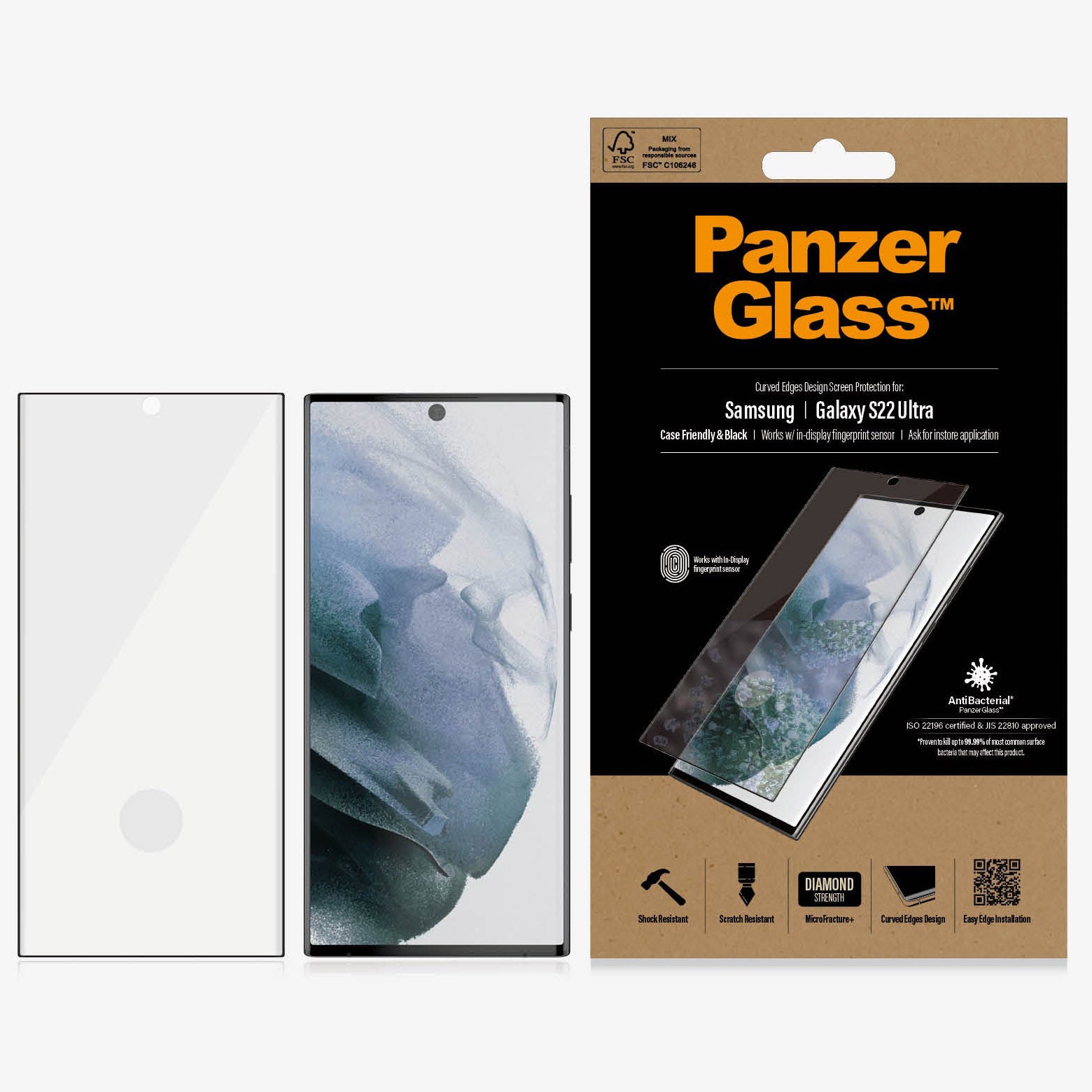 Antibakterielles Glas Panzerglass Case Friendly E2E für Galaxy S22 Ultra, schwarzer Rahmen