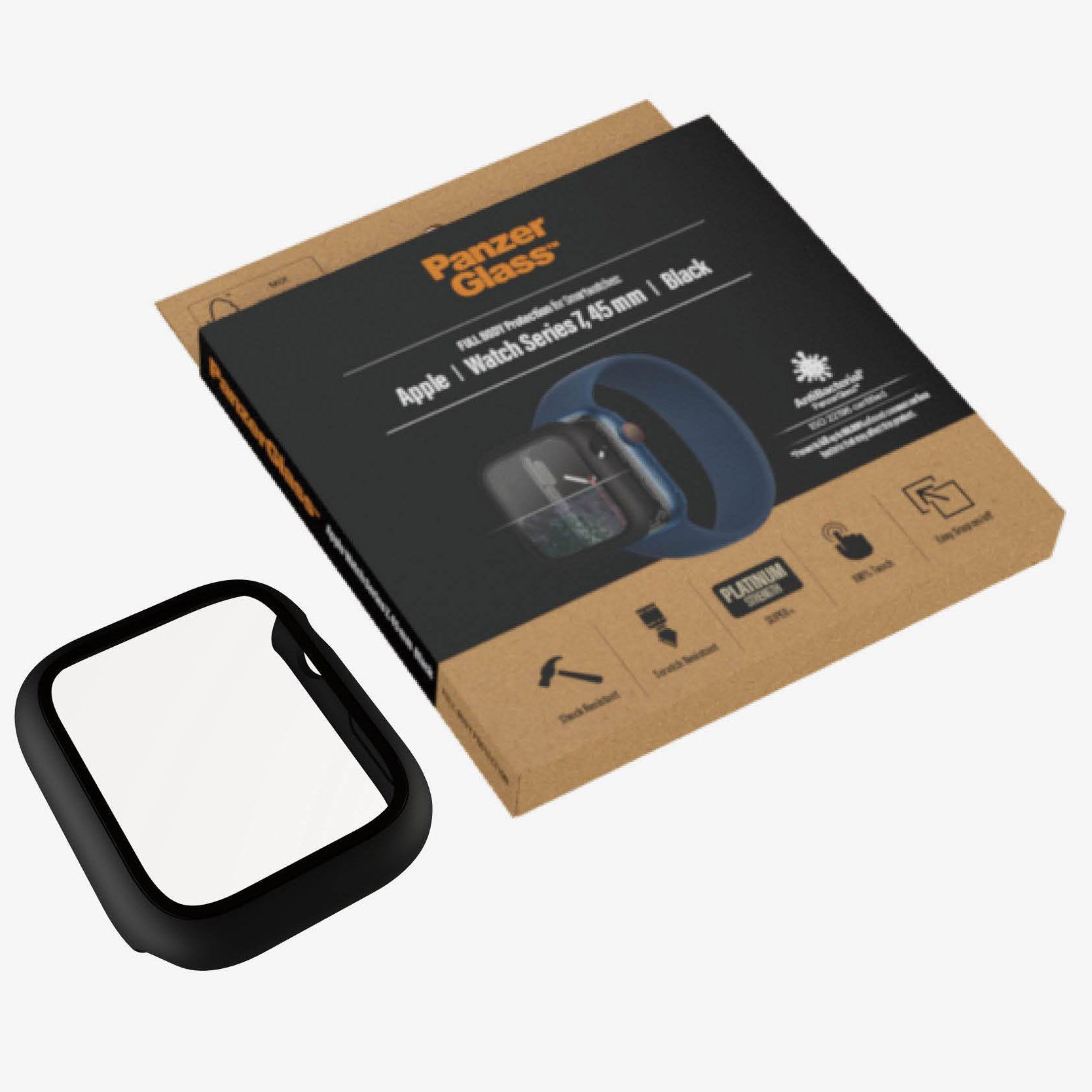 Antibakterielles Glas + Schutzhülle Panzerglass Full Body für Apple Watch 45 mm, schwarzer Rahmen