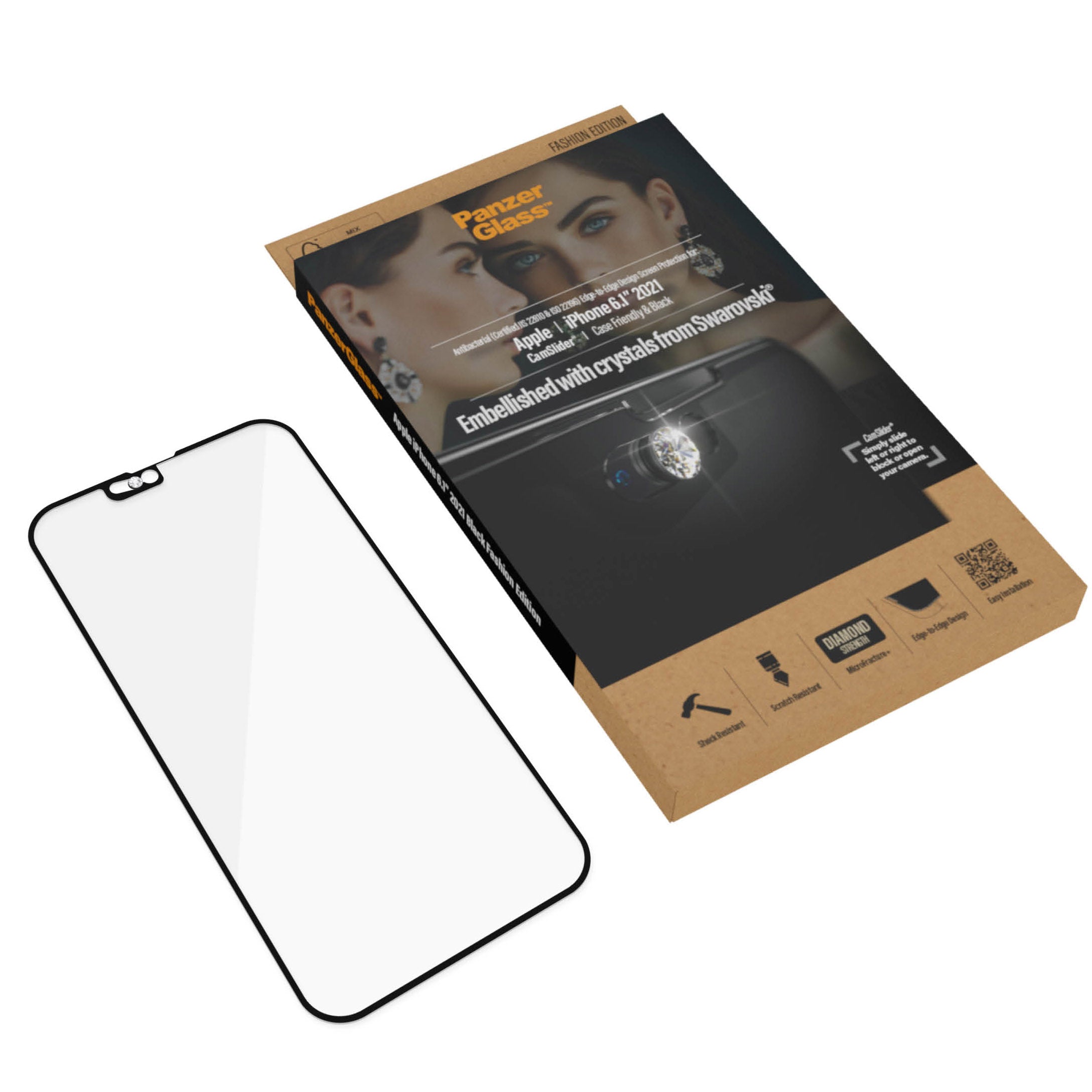 Antibakterielles Glas Panzerglass E2E M CF AB CamSlider Swarovski für iPhone 13 / 13 Pro, schwarzer Rahmen