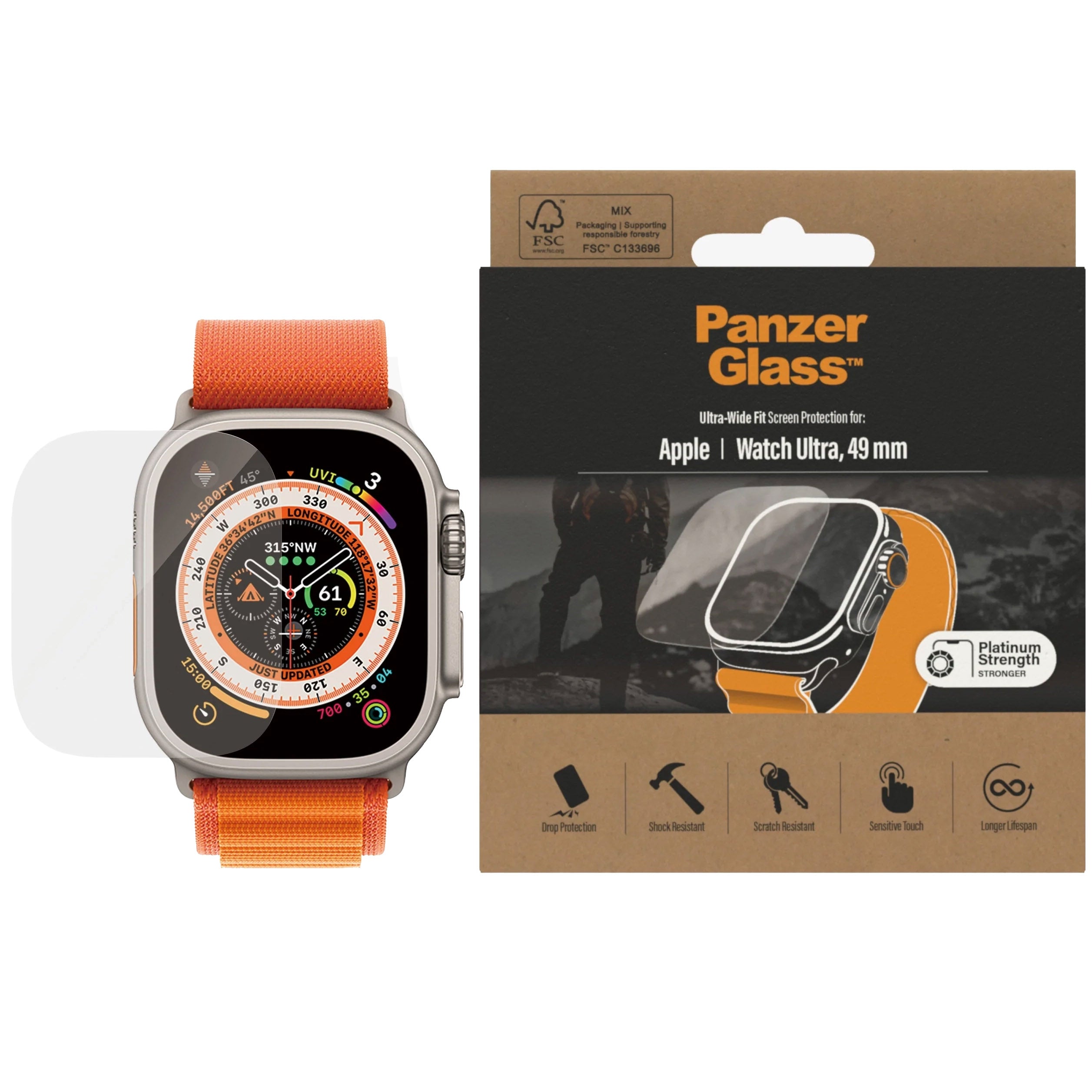 Gehärtetes Glas PanzerGlass Ultra-Wide Fit für Apple Watch Ultra 2/1 49mm,