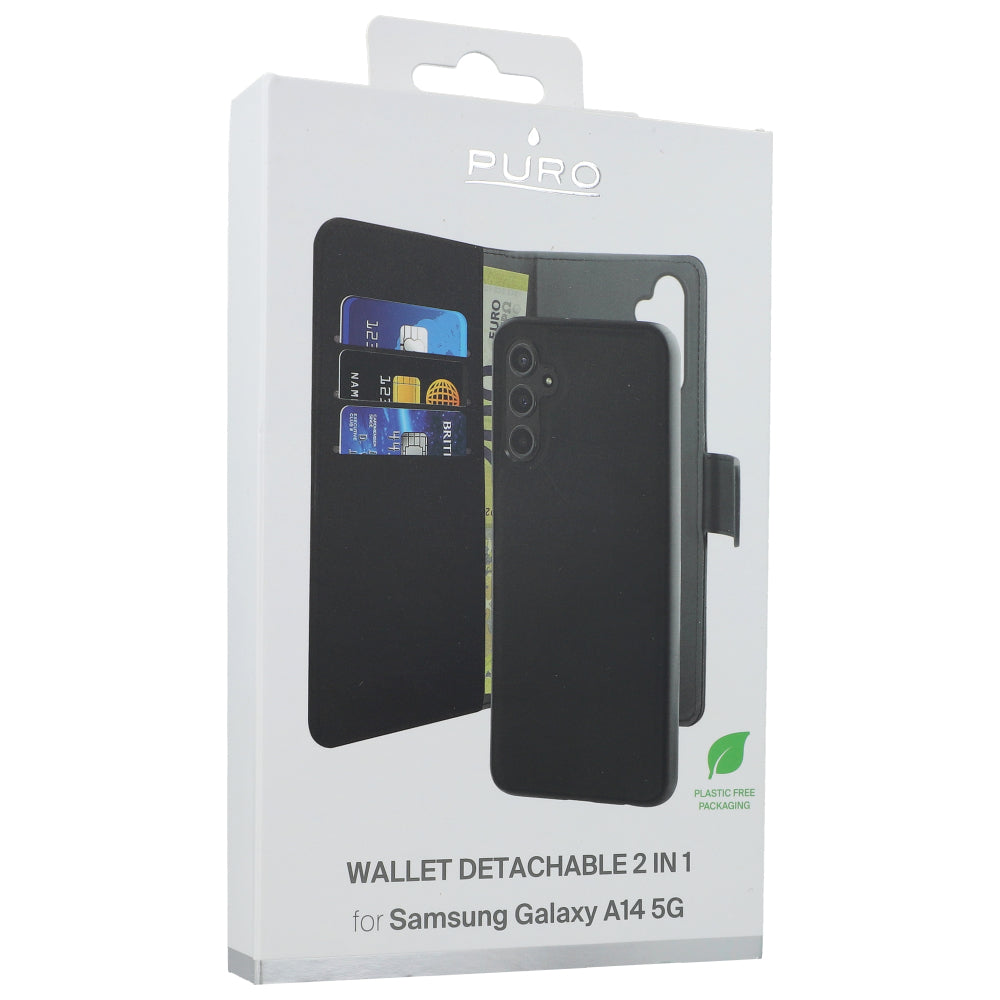 Schutzhülle mit Klappe Puro Wallet Detachable 2 in 1 für Galaxy A14 4G/5G, Schwarz