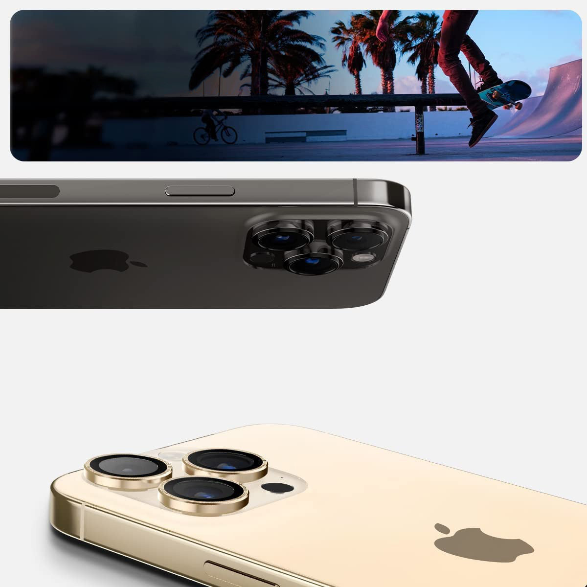 Glas für die Kamera Spigen Glas.tR Ez Fit Optik Pro 2-Pack für iPhone 15 Pro / 15 Pro Max / 14 Pro / 14 Pro Max, Schwarz-Golden