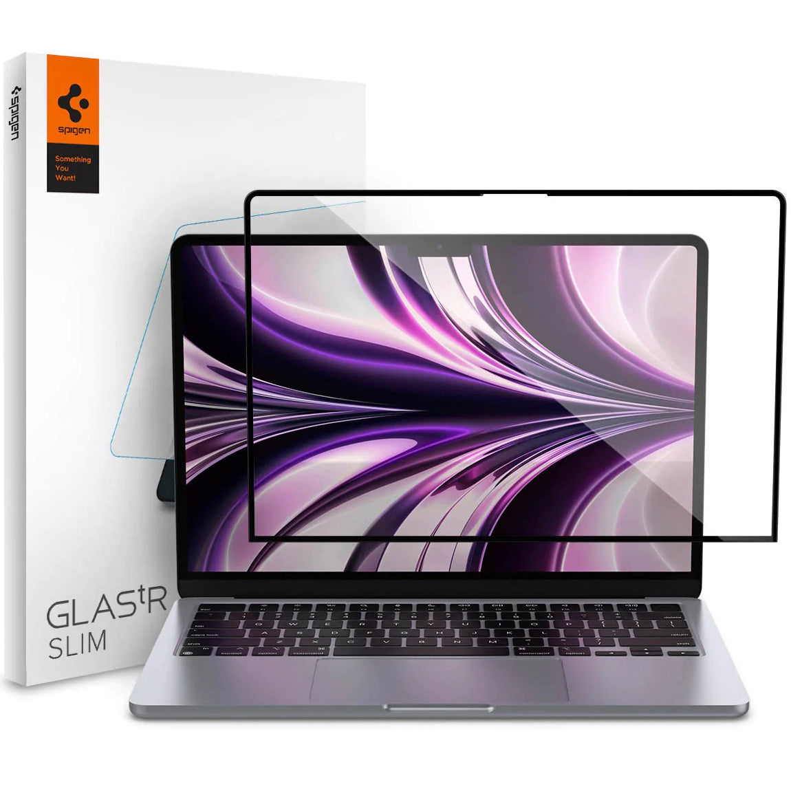 Glas für die Schutzhülle Spigen Glas.tR Slim FC für MacBook Air 13.6" M4 / M3 / M2, schwarzer Rahmen