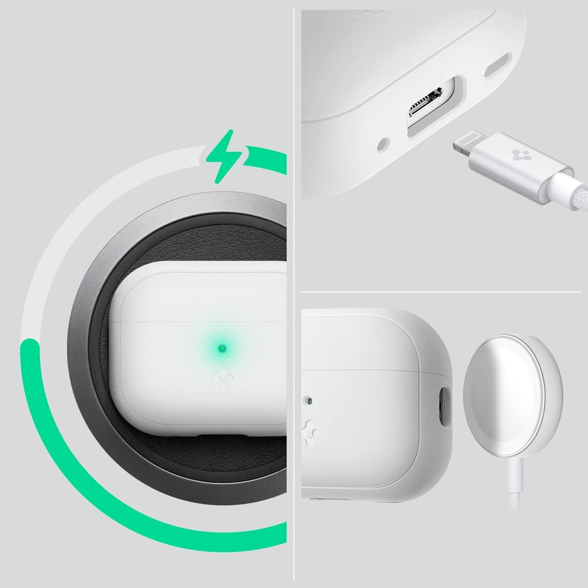 Schutzhülle Spigen Silicone Fit für Apple AirPods Pro 2, Weiß mit Grau Strap