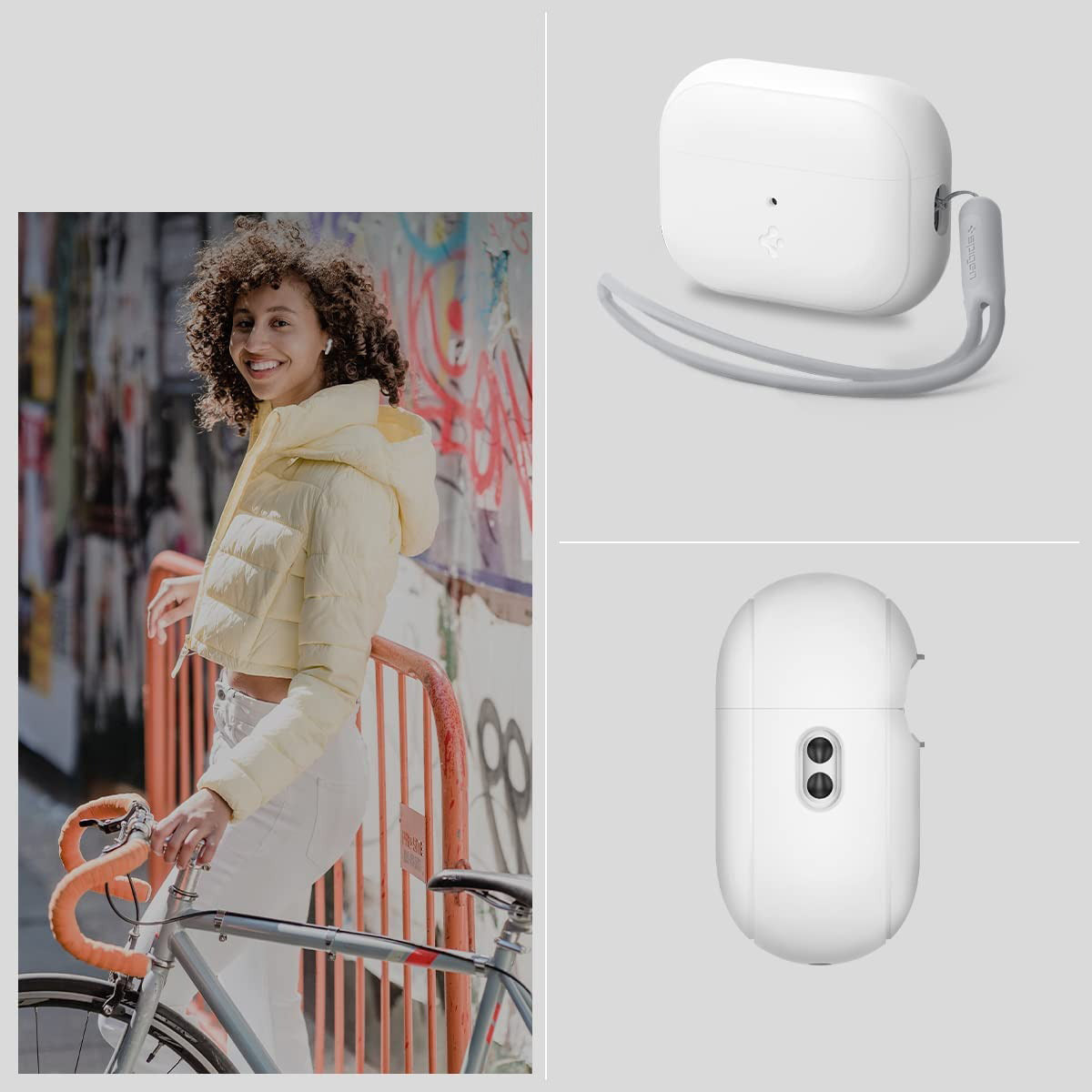 Schutzhülle Spigen Silicone Fit für Apple AirPods Pro 2, Weiß mit Grau Strap